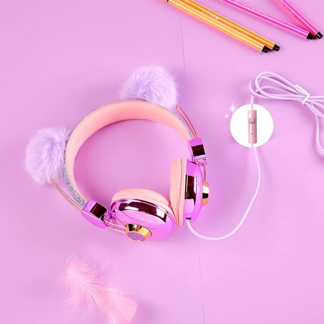 Alt view image 3 of 4 - Kids Headphones for Girls, Cute Bear Ear Headphones with Microphone, 3.5mm Jack Wired Girls Headphones for School/Travel/iPad/Tablet (Purple)