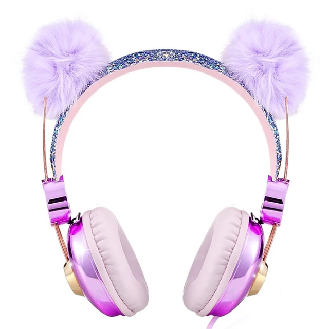 Alt view image 4 of 4 - Kids Headphones for Girls, Cute Bear Ear Headphones with Microphone, 3.5mm Jack Wired Girls Headphones for School/Travel/iPad/Tablet (Purple)