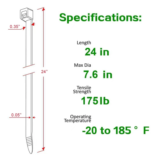 Alt view image 2 of 7 - Long Zip Ties 24 Inch, 100 Pack 175Lb Tensile Strength Heavy Duty White Cable Ties, Industrial Tie Wraps UV Weatherproof for Outdoor, Garden, Automotive, HVAC
