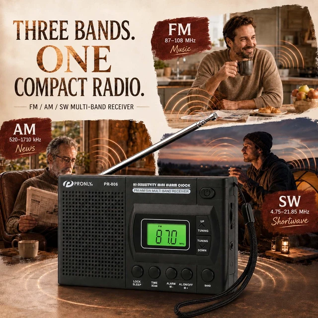Alt view image 2 of 7 - 806 Portable AM FM SW Radio, Digital Alarm Clock with Sleep Timer Battery Powered, Auto Scan & Preset Stations, 12/24H Time Display, Key Lock, Headphone Jack, Telescopic Antenna