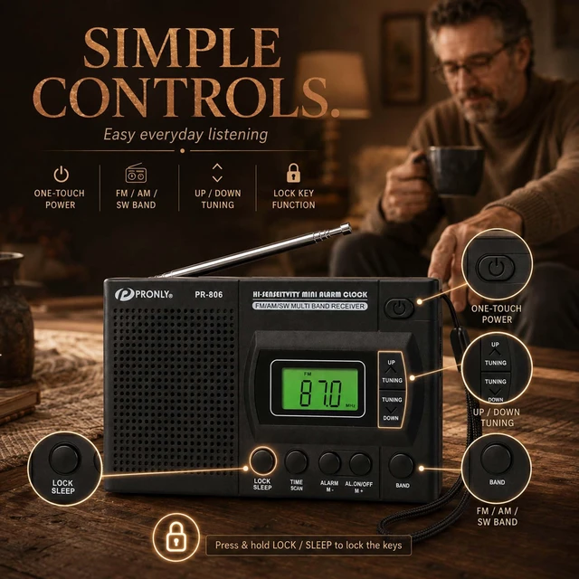Alt view image 3 of 7 - 806 Portable AM FM SW Radio, Digital Alarm Clock with Sleep Timer Battery Powered, Auto Scan & Preset Stations, 12/24H Time Display, Key Lock, Headphone Jack, Telescopic Antenna