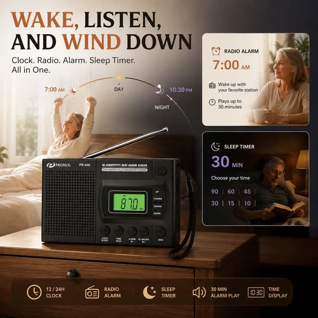 Alt view image 5 of 7 - 806 Portable AM FM SW Radio, Digital Alarm Clock with Sleep Timer Battery Powered, Auto Scan & Preset Stations, 12/24H Time Display, Key Lock, Headphone Jack, Telescopic Antenna