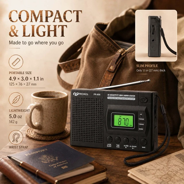 Alt view image 7 of 7 - 806 Portable AM FM SW Radio, Digital Alarm Clock with Sleep Timer Battery Powered, Auto Scan & Preset Stations, 12/24H Time Display, Key Lock, Headphone Jack, Telescopic Antenna