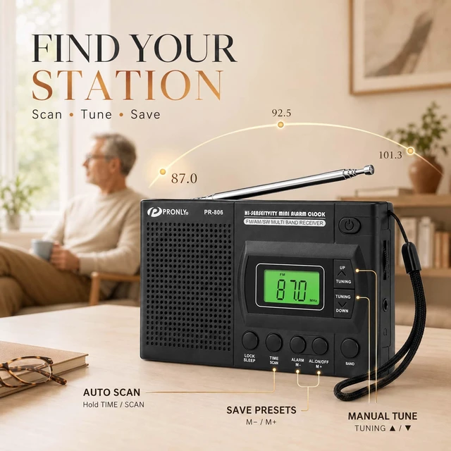 Alt view image 6 of 7 - 806 Portable AM FM SW Radio, Digital Alarm Clock with Sleep Timer Battery Powered, Auto Scan & Preset Stations, 12/24H Time Display, Key Lock, Headphone Jack, Telescopic Antenna