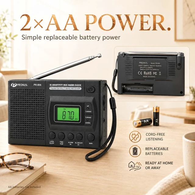Alt view image 4 of 7 - 806 Portable AM FM SW Radio, Digital Alarm Clock with Sleep Timer Battery Powered, Auto Scan & Preset Stations, 12/24H Time Display, Key Lock, Headphone Jack, Telescopic Antenna