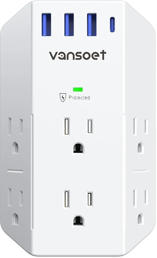 Main image of Wall Outlet Extender, 6 Outlet Splitter with 4 USB Ports(1 USB C PD 20W), 2100J Surge Protector Power Strip, 3 Side Multi Plug Outlet for Travel, Home, Office, Dorm