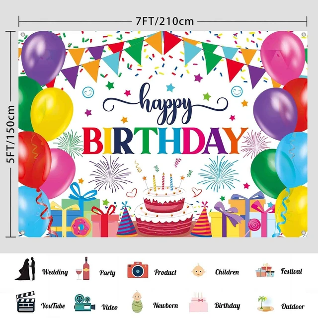 Alt view image 3 of 7 - 7x5ft Colorful Happy Birthday Banner Backdrop Large Birthday Party Decorations Supplies for Kids Women Men Indoor Outdoor Rainbow Balloons Photography Background Cloth Reusable