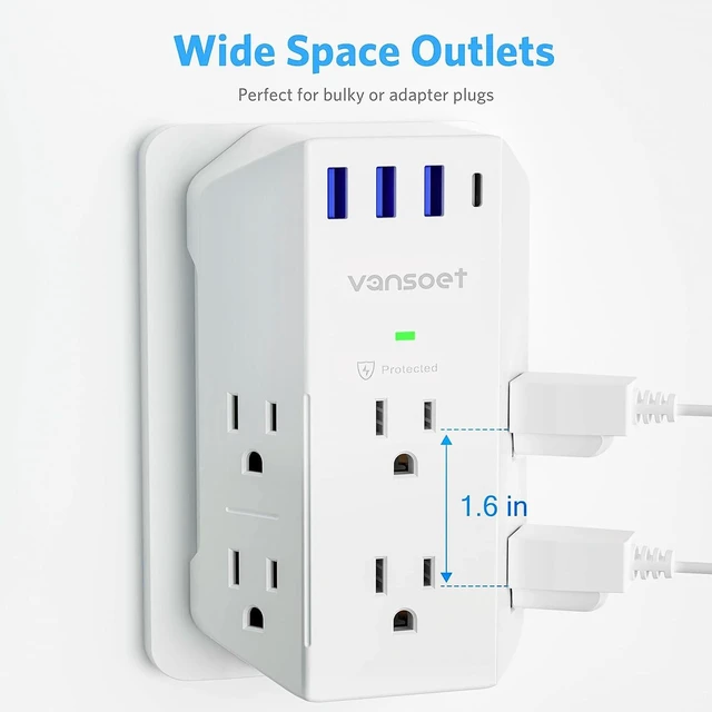 Alt view image 5 of 7 - Wall Outlet Extender, 6 Outlet Splitter with 4 USB Ports(1 USB C PD 20W), 2100J Surge Protector Power Strip, 3 Side Multi Plug Outlet for Travel, Home, Office, Dorm