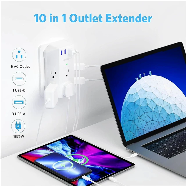 Alt view image 3 of 7 - Wall Outlet Extender, 6 Outlet Splitter with 4 USB Ports(1 USB C PD 20W), 2100J Surge Protector Power Strip, 3 Side Multi Plug Outlet for Travel, Home, Office, Dorm