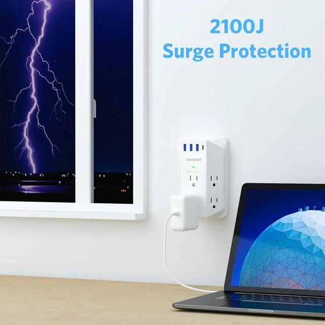 Alt view image 7 of 7 - Wall Outlet Extender, 6 Outlet Splitter with 4 USB Ports(1 USB C PD 20W), 2100J Surge Protector Power Strip, 3 Side Multi Plug Outlet for Travel, Home, Office, Dorm