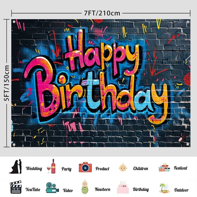 Alt view image 3 of 7 - 7x5ft Graffiti Birthday Party Backdrop Colorful Happy Birthday Banner for Girls Boys Street Art Spray Paint Wall Photography Background Graffiti Party Decorations Supplies