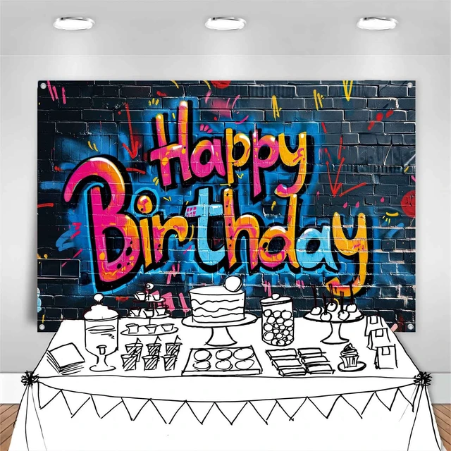 Alt view image 5 of 7 - 7x5ft Graffiti Birthday Party Backdrop Colorful Happy Birthday Banner for Girls Boys Street Art Spray Paint Wall Photography Background Graffiti Party Decorations Supplies
