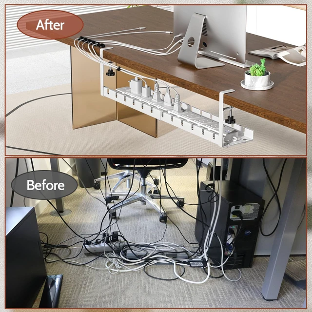 Alt view image 2 of 7 - Cable Management Under Desk, 15.7"-31" Retractable Cable Management Tray, No Drilling Cord Organizer with Clamp for Desk, Under Table Wire Management Tray for Home Office -White