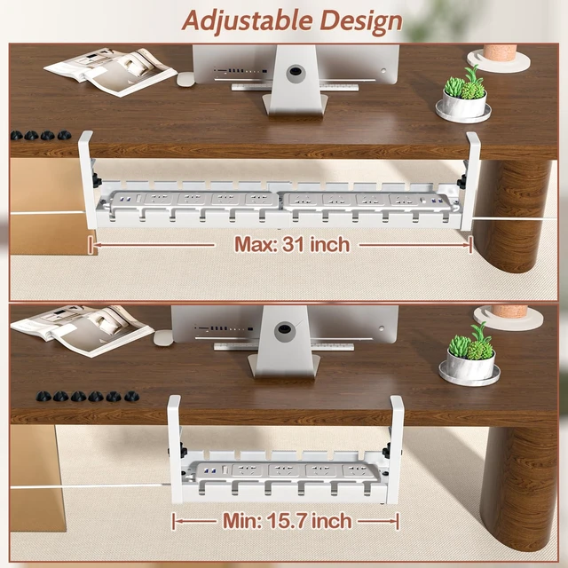 Alt view image 3 of 7 - Cable Management Under Desk, 15.7"-31" Retractable Cable Management Tray, No Drilling Cord Organizer with Clamp for Desk, Under Table Wire Management Tray for Home Office -White