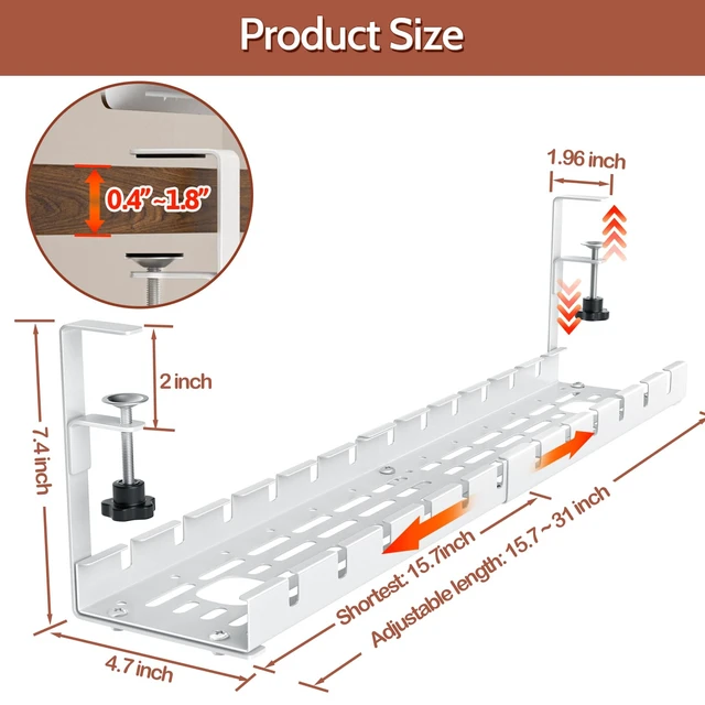Alt view image 4 of 7 - Cable Management Under Desk, 15.7"-31" Retractable Cable Management Tray, No Drilling Cord Organizer with Clamp for Desk, Under Table Wire Management Tray for Home Office -White