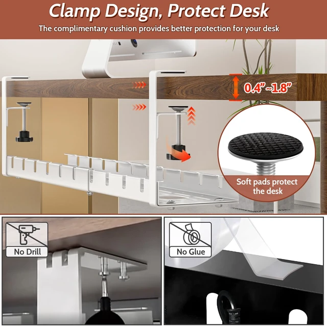 Alt view image 5 of 7 - Cable Management Under Desk, 15.7"-31" Retractable Cable Management Tray, No Drilling Cord Organizer with Clamp for Desk, Under Table Wire Management Tray for Home Office -White