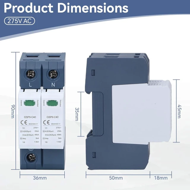 Alt view image 2 of 7 - 2P Surge Protective Device, Low Voltage Protector Arrester Device 40KA 275V AC, Flame Retardant PC, DIN Rail Mount, Lightning Protection System, Home Office Use