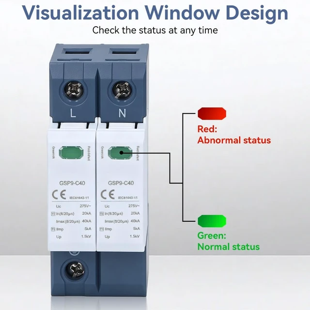 Alt view image 4 of 7 - 2P Surge Protective Device, Low Voltage Protector Arrester Device 40KA 275V AC, Flame Retardant PC, DIN Rail Mount, Lightning Protection System, Home Office Use