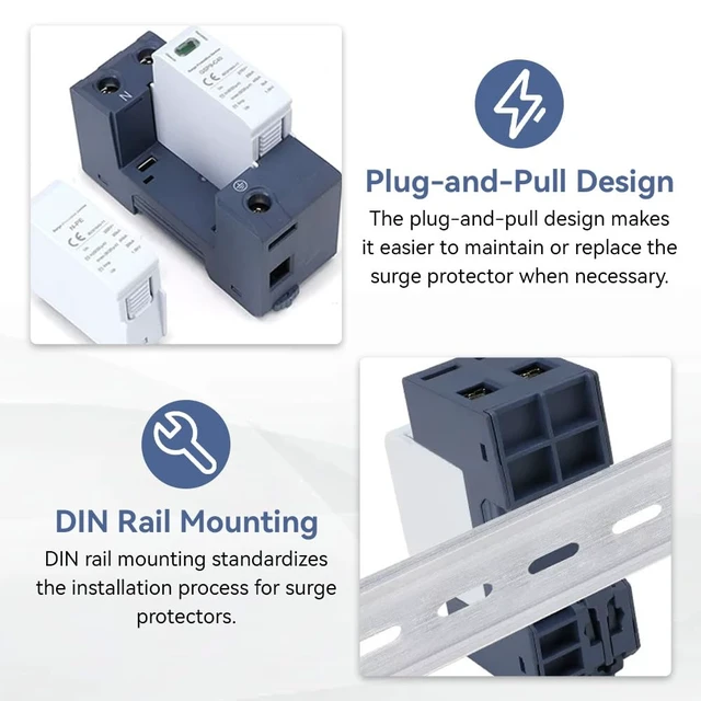 Alt view image 5 of 7 - 2P Surge Protective Device, Low Voltage Protector Arrester Device 40KA 275V AC, Flame Retardant PC, DIN Rail Mount, Lightning Protection System, Home Office Use