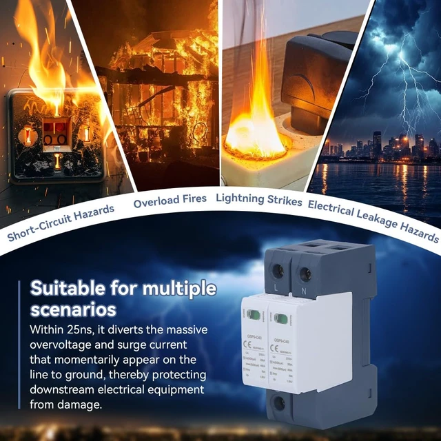 Alt view image 6 of 7 - 2P Surge Protective Device, Low Voltage Protector Arrester Device 40KA 275V AC, Flame Retardant PC, DIN Rail Mount, Lightning Protection System, Home Office Use