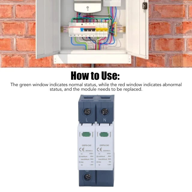 Alt view image 7 of 7 - 2P Surge Protective Device, Low Voltage Protector Arrester Device 40KA 275V AC, Flame Retardant PC, DIN Rail Mount, Lightning Protection System, Home Office Use