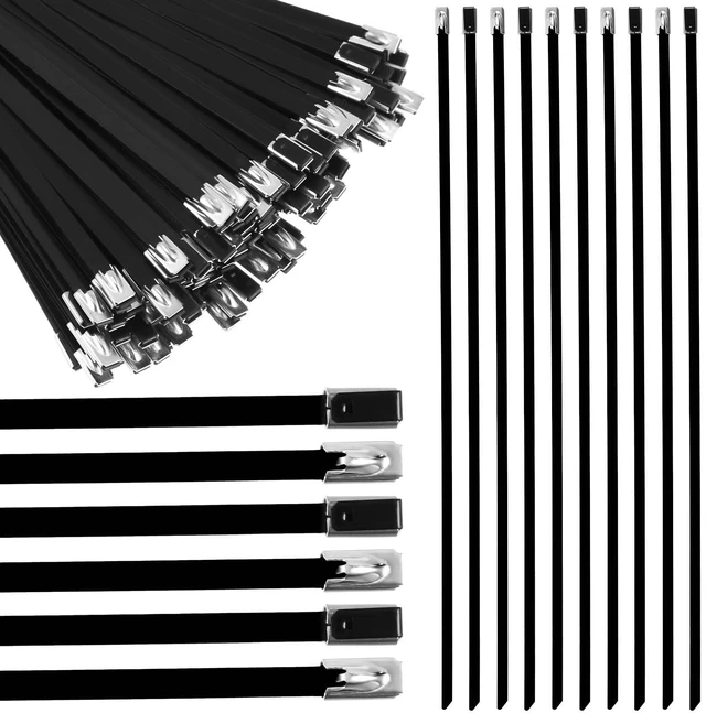 Main image of 100 Pcs 18" Black 304 Stainless Steel Zip Ties Heavy Duty Self Locking Metal Cables, Epoxy Coated for Exhaust Wrap Outdoor Fence, Machinery Vehicles Farm Multi Purpose