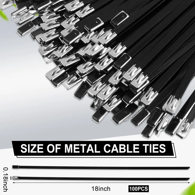 Alt view image 2 of 7 - 100 Pcs 18" Black 304 Stainless Steel Zip Ties Heavy Duty Self Locking Metal Cables, Epoxy Coated for Exhaust Wrap Outdoor Fence, Machinery Vehicles Farm Multi Purpose