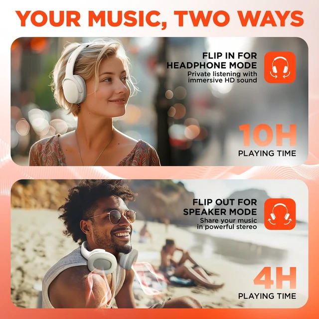 Alt view image 6 of 7 - Wireless Bluetooth Headphones - Foldable Dual Earphones, Flip Ear Cups Between Speaker and Headphone Mode for Comfort & Clear Sound, White