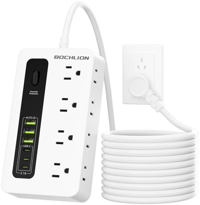 Main image of Power Strip with USB, 6ft Surge Protector Flat Plug Extension Cord with 8 Outlets, 3 USB Ports & 3 Type-C Ends (5V/3A), Home Office Outlet Extender (White)