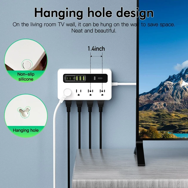 Alt view image 2 of 6 - Power Strip with USB, 6ft Surge Protector Flat Plug Extension Cord with 8 Outlets, 3 USB Ports & 3 Type-C Ends (5V/3A), Home Office Outlet Extender (White)