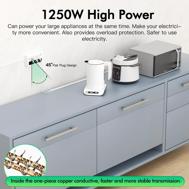 Alt view image 4 of 6 - Power Strip with USB, 6ft Surge Protector Flat Plug Extension Cord with 8 Outlets, 3 USB Ports & 3 Type-C Ends (5V/3A), Home Office Outlet Extender (White)