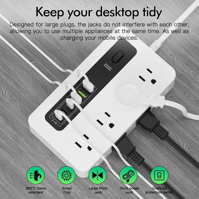 Alt view image 3 of 6 - Power Strip with USB, 6ft Surge Protector Flat Plug Extension Cord with 8 Outlets, 3 USB Ports & 3 Type-C Ends (5V/3A), Home Office Outlet Extender (White)