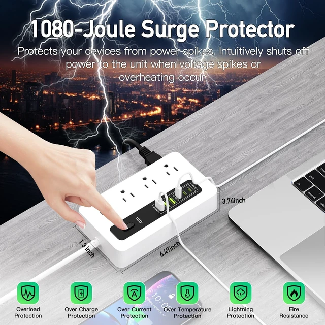 Alt view image 5 of 6 - Power Strip with USB, 6ft Surge Protector Flat Plug Extension Cord with 8 Outlets, 3 USB Ports & 3 Type-C Ends (5V/3A), Home Office Outlet Extender (White)