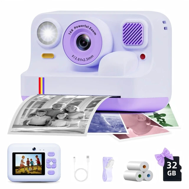 Main image of Instant Print Camera for Kids, Christmas Birthday Gifts for Girls Boys Age 3-15, 1080P Selfie Portable Digital Video Camera with 32GB SD Card, 3-Colored Print Paper- Purple