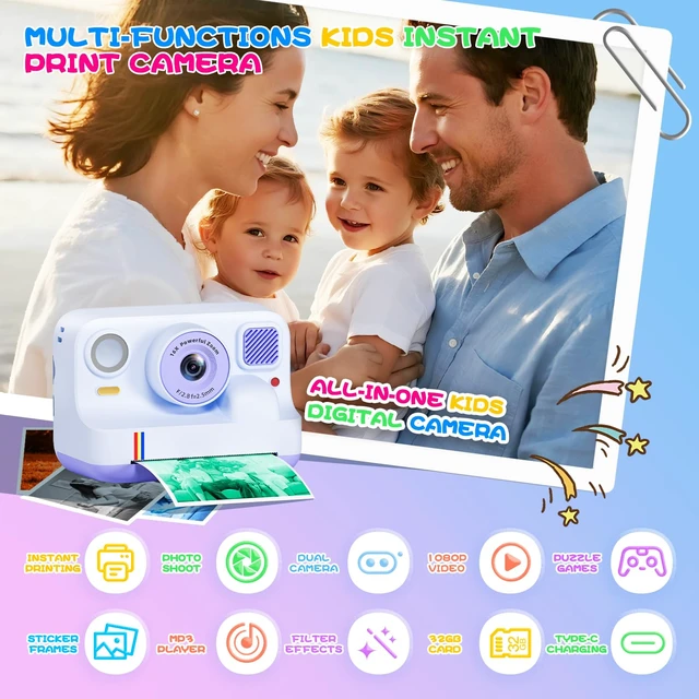 Alt view image 2 of 7 - Instant Print Camera for Kids, Christmas Birthday Gifts for Girls Boys Age 3-15, 1080P Selfie Portable Digital Video Camera with 32GB SD Card, 3-Colored Print Paper- Purple