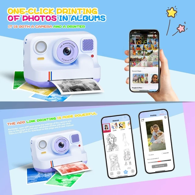Alt view image 3 of 7 - Instant Print Camera for Kids, Christmas Birthday Gifts for Girls Boys Age 3-15, 1080P Selfie Portable Digital Video Camera with 32GB SD Card, 3-Colored Print Paper- Purple