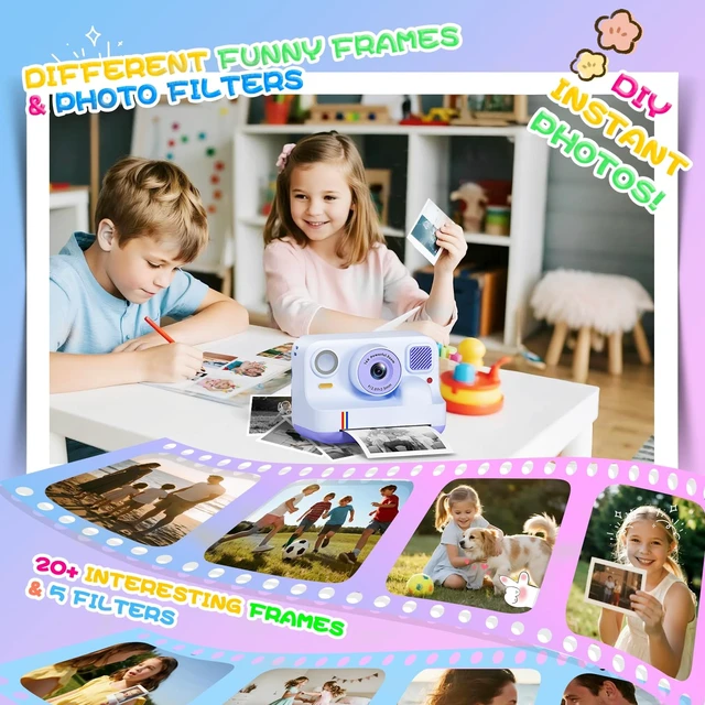 Alt view image 5 of 7 - Instant Print Camera for Kids, Christmas Birthday Gifts for Girls Boys Age 3-15, 1080P Selfie Portable Digital Video Camera with 32GB SD Card, 3-Colored Print Paper- Purple