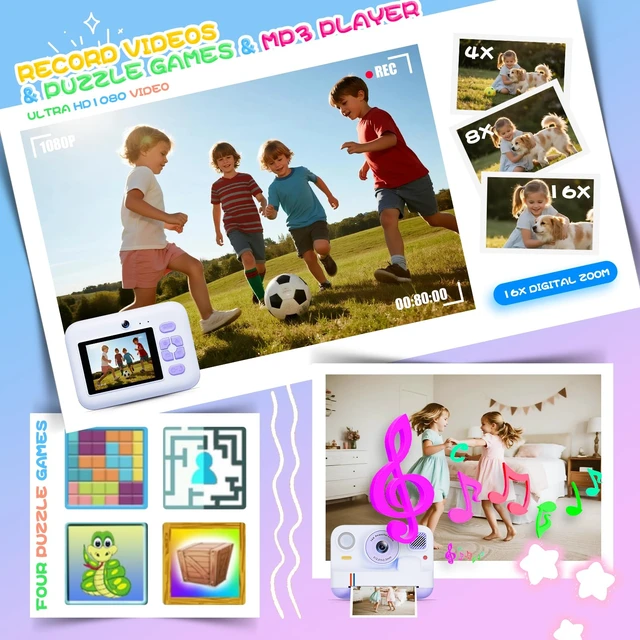 Alt view image 6 of 7 - Instant Print Camera for Kids, Christmas Birthday Gifts for Girls Boys Age 3-15, 1080P Selfie Portable Digital Video Camera with 32GB SD Card, 3-Colored Print Paper- Purple