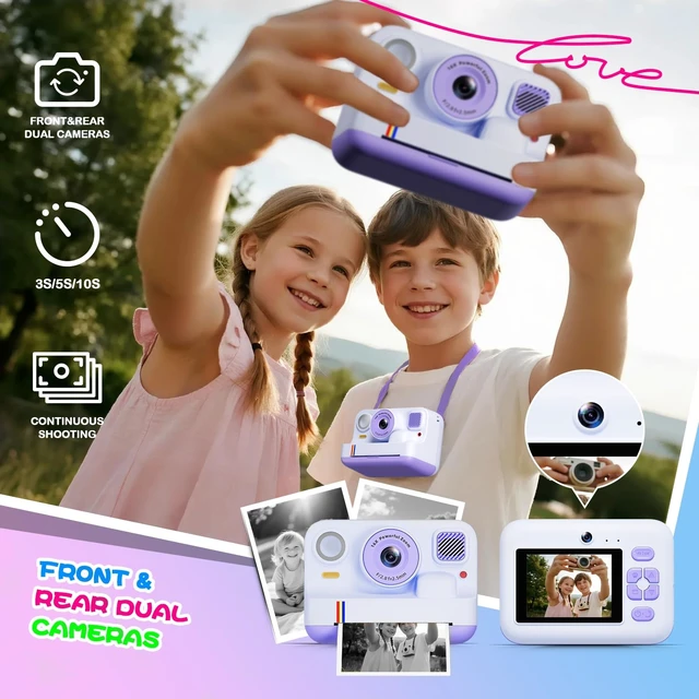 Alt view image 7 of 7 - Instant Print Camera for Kids, Christmas Birthday Gifts for Girls Boys Age 3-15, 1080P Selfie Portable Digital Video Camera with 32GB SD Card, 3-Colored Print Paper- Purple