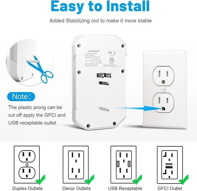 Alt view image 4 of 7 - Wall Outlet Extender, 6 Outlet Splitter with 4 USB Ports(1 USB C PD 20W), 2100J Surge Protector Power Strip, 3 Side Multi Plug Outlet for Travel, Home, Office, Dorm