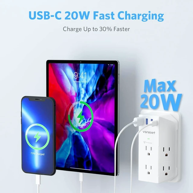 Alt view image 6 of 7 - Wall Outlet Extender, 6 Outlet Splitter with 4 USB Ports(1 USB C PD 20W), 2100J Surge Protector Power Strip, 3 Side Multi Plug Outlet for Travel, Home, Office, Dorm