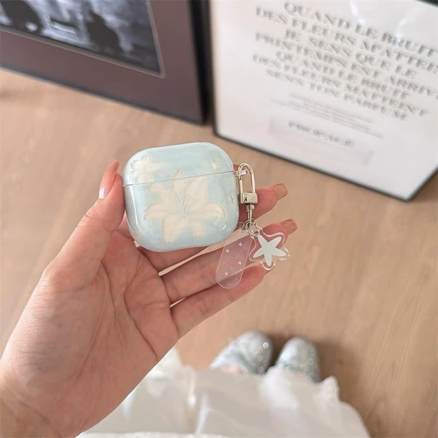 Alt view image 3 of 7 - Compatible for AirPods Pro 3 Case Soft TPU with Cleaner Kit Cute Summer Blue Clear Lily Flowers Aesthetic Design Shockproof Keychain Cover for Girls Woman-Blue Clear Lily