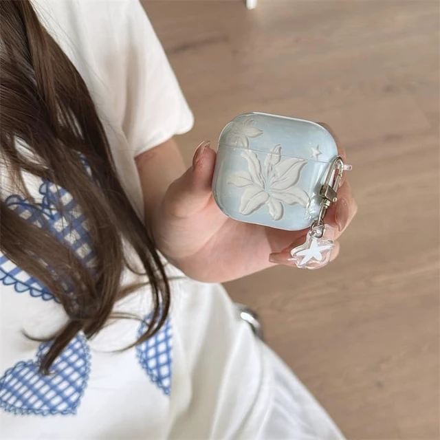 Alt view image 4 of 7 - Compatible for AirPods Pro 3 Case Soft TPU with Cleaner Kit Cute Summer Blue Clear Lily Flowers Aesthetic Design Shockproof Keychain Cover for Girls Woman-Blue Clear Lily