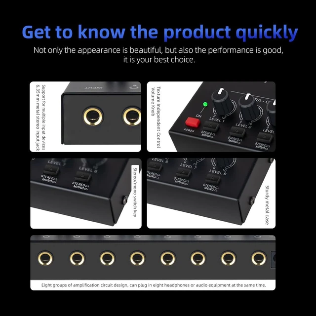 Alt view image 6 of 7 - Headphone Amplifier - Stereo/Mono Switching Ultra-Compact Audio Mini Amplifier with Power Upgraded Headphone Amplifier 8 Channel Suitable for Sound Mixer, Metal, HA800S