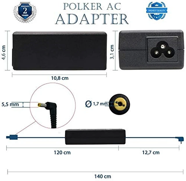 Alt view image 3 of 7 - A11-065N1A 65W 5.5 * 1.7MM AC Charger Compatible with Acer Aspire E1 E3 E5 E11 E14 E15 E17 ES1 F15 Aspire 3 Aspire 5 V3 V5 V7 VN7 V15 R3 R7 S3 19V 3.42A Laptop Power Adapter
