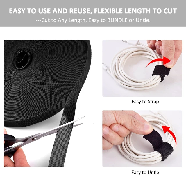Alt view image 3 of 7 - 300 Ft x 3/5 in, Cut to Any Length, Cable Ties, Wire Ties, Cord Straps Management, Easy to Use, Nylon, Double Sided Hook Loop, Self-Fastening, Reusable, Sturdy, for Office, Home, Black
