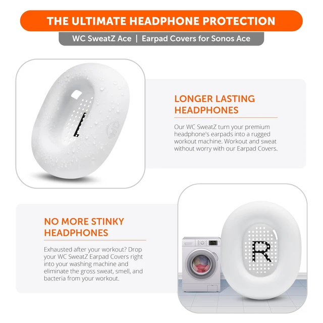 Alt view image 5 of 7 - SweatZ Ace - Patented Earpad Sweat Covers for Sonos Ace Headphones Made by Wicked Cushions Made with Premium Silicone, Sweatproof & Easily Washable White