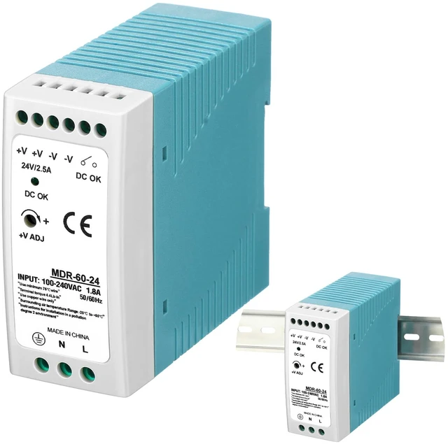 Main image of 1 Pcs 24vdc Power Supply 2.5a 60w Din Rail Switching Converter 100-240VAC Input, MDR Industrial Series, Dual Output Terminals, Compact for Control Cabinets, Stable Voltage Conversion