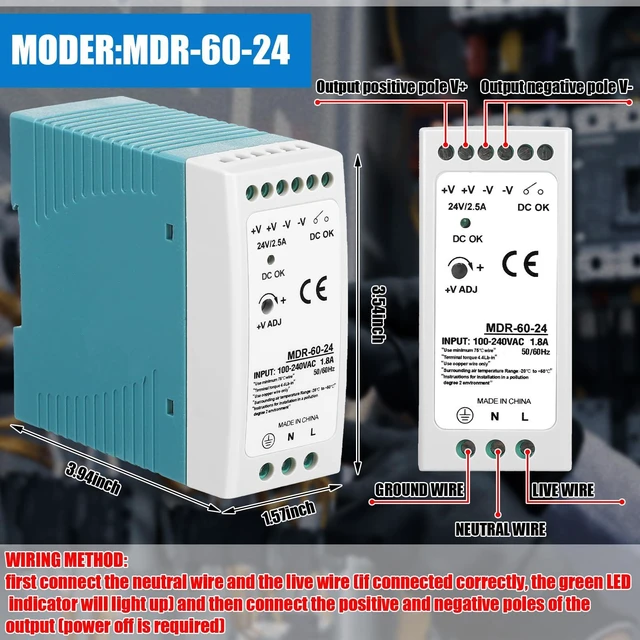 Alt view image 2 of 7 - 2 Pcs 24vdc Power Supply 2.5a 60w Din Rail Switching Converter 100-240VAC Input, MDR Industrial Series, Dual Output Terminals, Compact for Control Cabinets, Stable Voltage Conversion