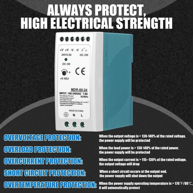 Alt view image 6 of 7 - 2 Pcs 24vdc Power Supply 2.5a 60w Din Rail Switching Converter 100-240VAC Input, MDR Industrial Series, Dual Output Terminals, Compact for Control Cabinets, Stable Voltage Conversion